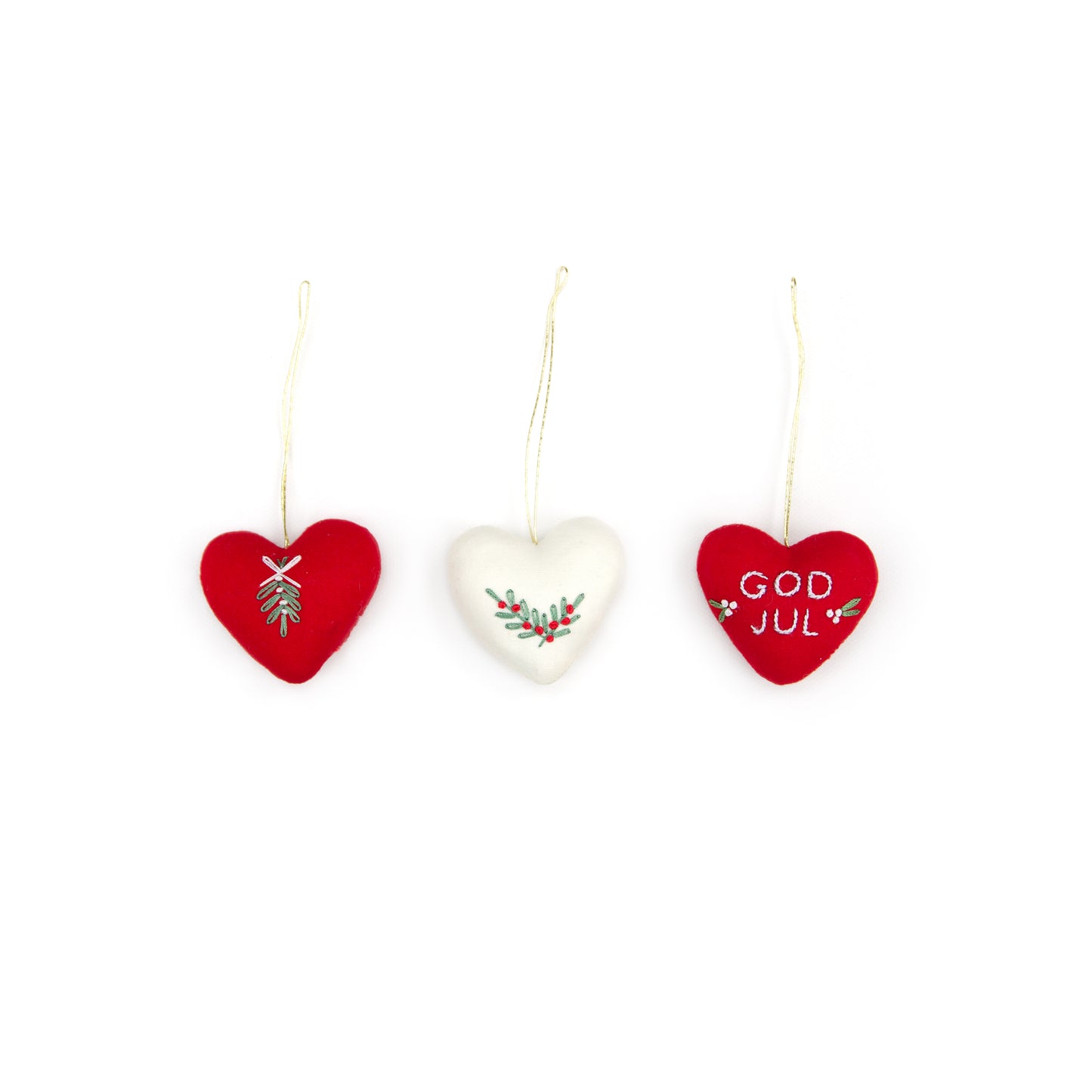 Tiny Embroidered Hearts “God Jul”, Set of 3
