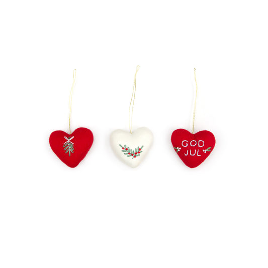 Tiny Embroidered Hearts “God Jul”, Set of 3