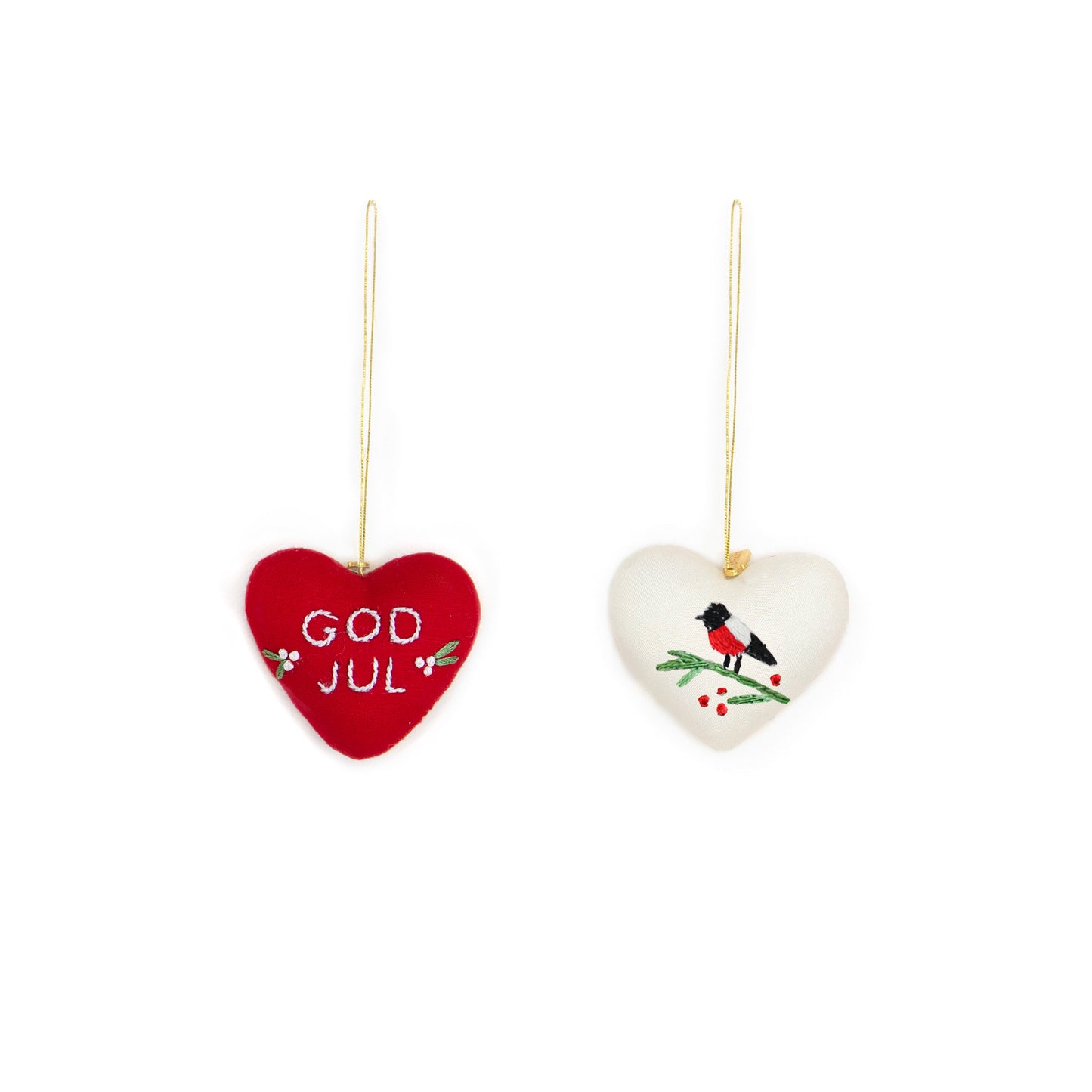 Tiny embroidered hearts, set of 2, “God Jul”
